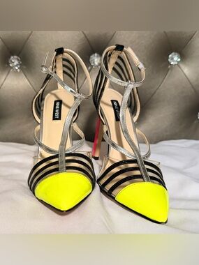 New, Nine West Neon Yellow Pointed Toe Strappy Heels with Silver Accents